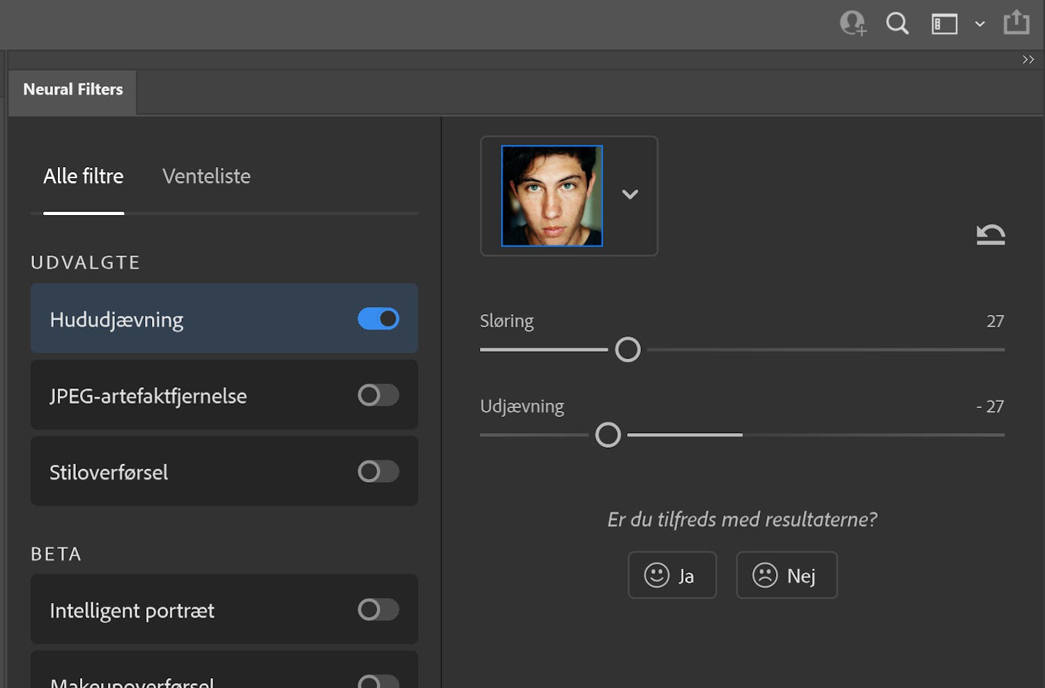 juster filteret paa skydeknapper reglage för hudutjämning i Photoshop